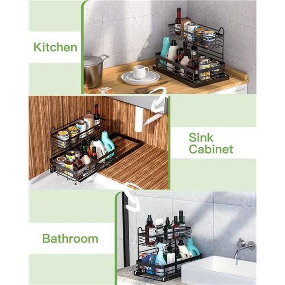 Sink Organizer and Storage, Under Sliding Cabinet Basket Organizer 2 Tire Black - Picture 7 of 7